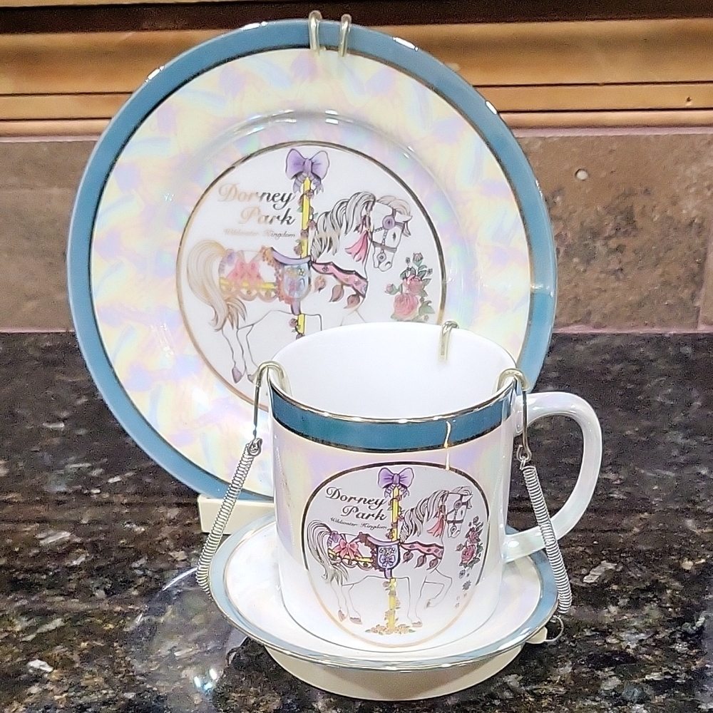 Vintage Dorney Park Carousel Horse Porcelain Coffee Tea Cup & Saucer & Stand